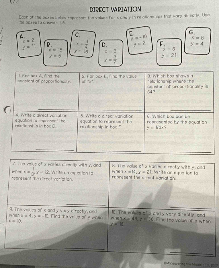 DIRECT VARIATION
Each of the boxes below represent the values for x and y in relationships that vary directly. Use
the boxes to answer 1-6.
G.
A.
C.
E.
x=2
x=-10
x=8
y=11 B. x= 1/4  D. y=2 F. y=4
x=15 y=16 x=3
x=6
y=5
y= 3/7 
y=21
l. For box A. find the 2. For box E, find the value 3. Which box shows a
constant of proportionality. of "k" relationship where the
constant of proportionality is
647
_
_
4. Write a direct variation 5. Write a direct variation 6. Which box can be
equation to represent the equation to represent the represented by the equation
relationship in box D. relationship in box F. y=1/3x ?
_
_
_
DMonsuvering the Middlo LLD, 2077