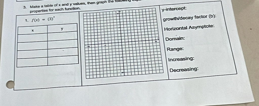 Make a table of x and y values, then graph the followng 
properties for each function
intercept:
rowth/decay factor (b):
Horizontal Asymptote:
Domain:
Range:
Increasing:
Decreasing: