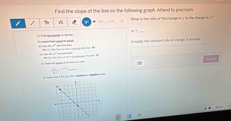 Find the slope of the line on the following graph. Attend to precision. 
1 Tr sqrt(± ) What is the ratio of the change in y to the change in x? 
_ m=
(1) Find two points on the line. 
To move from point to point: 
(2) Use the surd tool and draw Simplify the constant rate of change, if possible. 
the △y (the I'me you move szztically) in blue. ●- 
(3) Use the surd tool and draw 
the △ x (the lime you move hurizentally) in green. ● 
(4) Write the slope of the line as a ratio Submit
 △ y/△ x  m= _ 
(5) Determine if the line has a positive or negative slope 
Nav 24 9.2