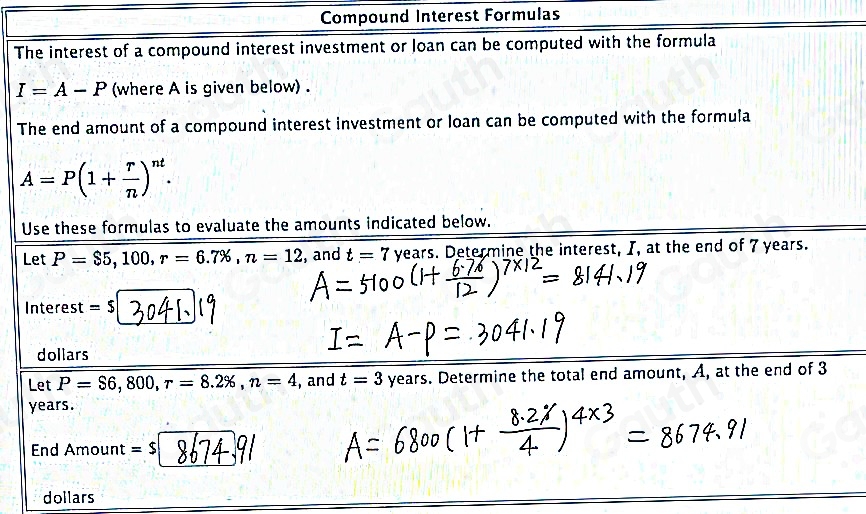 Solved: Compound Interest Formulas The interest of a compound interest ...