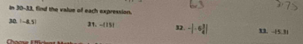 In 30-33, find the value of each expression. 
30. |-8.5| 31. -15) 32. -|-6 3/4 | 33. -15. 31
