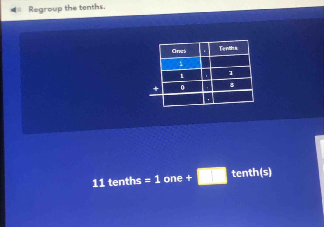 Regroup the tenths.
11 tenths =1 one +□ □ tenth(s)