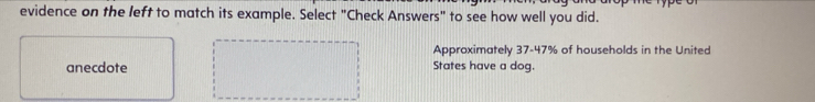 evidence on the left to match its example. Select "Check Answers" to see how well you did.
Approximately 37-47% of households in the United
anecdote States have a dog.