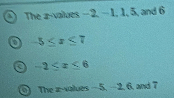 The æ-values −2. −1, 1, 5, and 6
-5≤ x≤ 7
-2≤ x≤ 6
⑨ The x -values —5, —2. 6, and 7