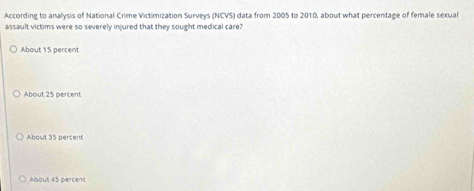 According to analysis of National Crime Victimization Surveys (NCVS) data from 2005 to 2010, about what percentage of female sexual
assault victims were so severely injured that they sought medical care?
About 15 percent
About 25 percent
About 35 percent
About 45 percent