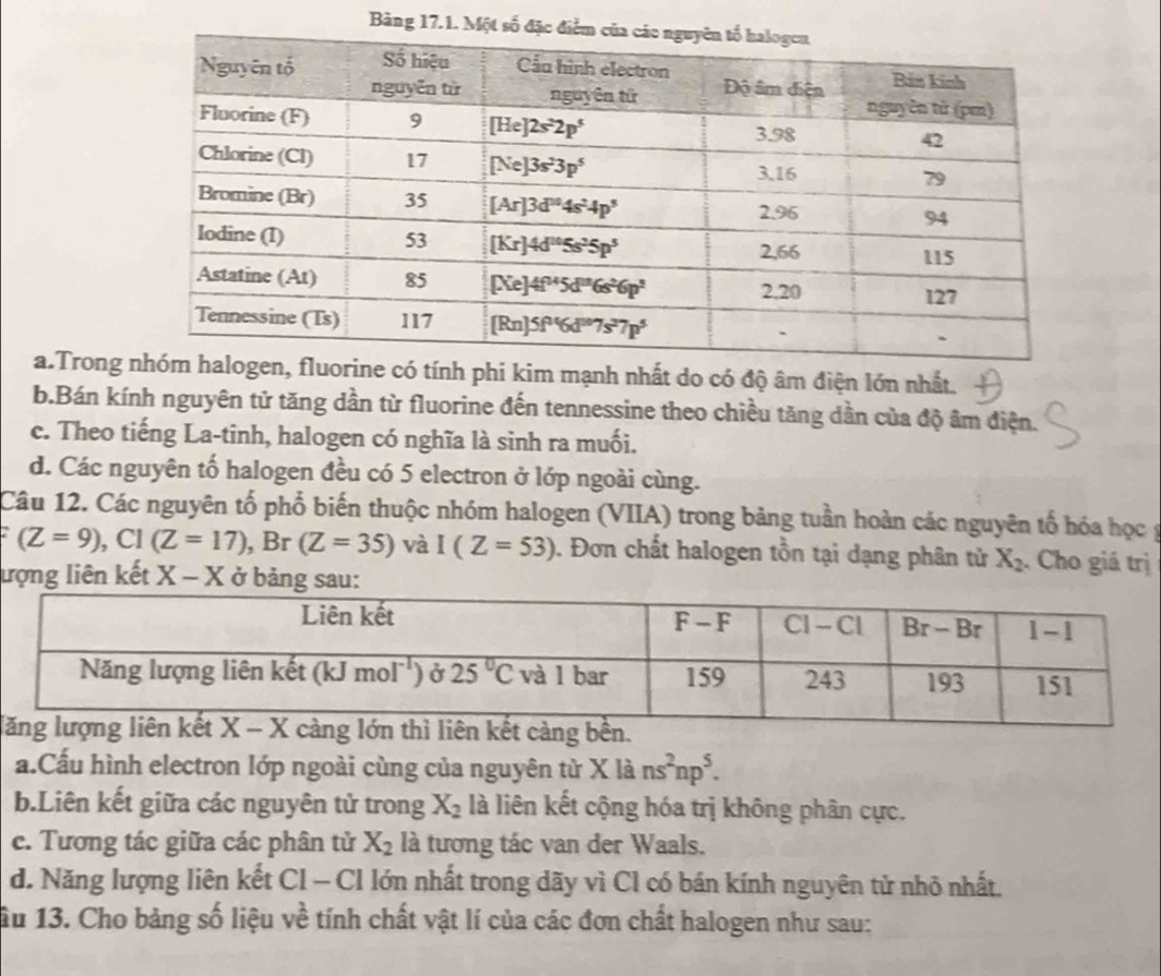 Bảng 17.1. Một
a.Trong  fluorine có tính phi kim mạnh nhất do có độ âm điện lớn nhất.
b.Bán kính nguyên tử tăng dần từ fluorine đến tennessine theo chiều tăng dần của độ âm điện.
c. Theo tiếng La-tinh, halogen có nghĩa là sinh ra muối.
d. Các nguyên tố halogen đều có 5 electron ở lớp ngoài cùng.
Câu 12. Các nguyên tố phổ biến thuộc nhóm halogen (VIIA) trong bảng tuần hoàn các nguyên tố hóa học g
F(Z=9),CI(Z=17),Br(Z=35) và I(Z=53) 1. Đơn chất halogen tồn tại dạng phân tử X_2 Cho giá trị
lượng liên kết X-X ở bảng sau:
l
a.Cấu hình electron lớp ngoài cùng của nguyên tử X là ns^2np^5.
b.Liên kết giữa các nguyên tử trong X_2 là liên kết cộng hóa trị không phân cực.
c. Tương tác giữa các phân tử X_2 là tương tác van der Waals.
d. Năng lượng liên kết Cl - Cl lớn nhất trong dãy vì Cl có bán kính nguyên tử nhỏ nhất.
1u 13. Cho bảng số liệu về tính chất vật lí của các đơn chất halogen như sau: