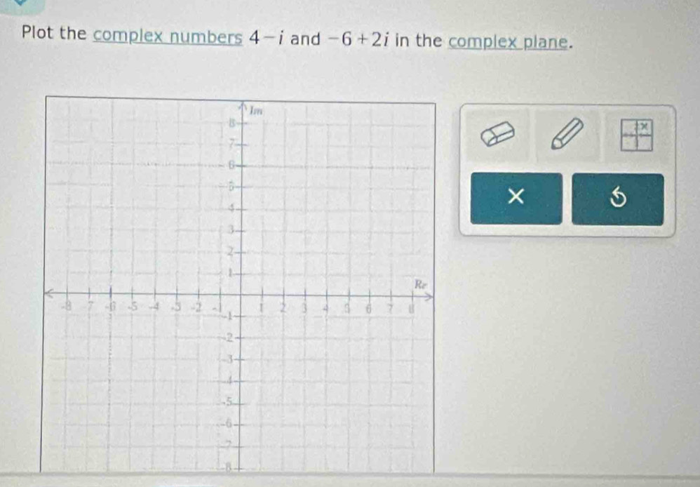 Plot the complex numbers 4-i and -6+2i in the complex plane. 
+ 
×
6
B