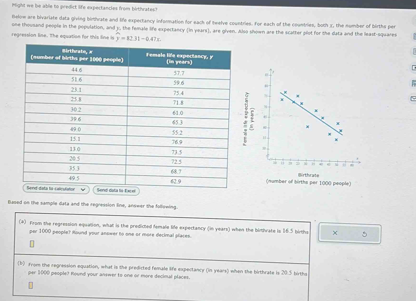 Might we be able to predict life expectancies from birthrates? 
Below are bivariate data giving birthrate and life expectancy information for each of twelve countries. For each of the countries, both x, the number of births per 
one thousand people in the population, and y, the female life expectancy (in years), are given. Also shown are the scatter plot for the data and the least-squares 
regression line. The equation for this line is y=82.31-0.47x. 
I 
q 
N 
。 5
Birthrate 
(number of births per 1000 people) 
xcel 
Based on the sample data and the regression line, answer the following. 
(a) From the regression equation, what is the predicted female life expectancy (in years) when the birthrate is 16.5 births × 5
per 1000 people? Round your answer to one or more decimal places. 
(b) From the regression equation, what is the predicted female life expectancy (in years) when the birthrate is 20.5 births 
per 1000 people? Round your answer to one or more decimal places.