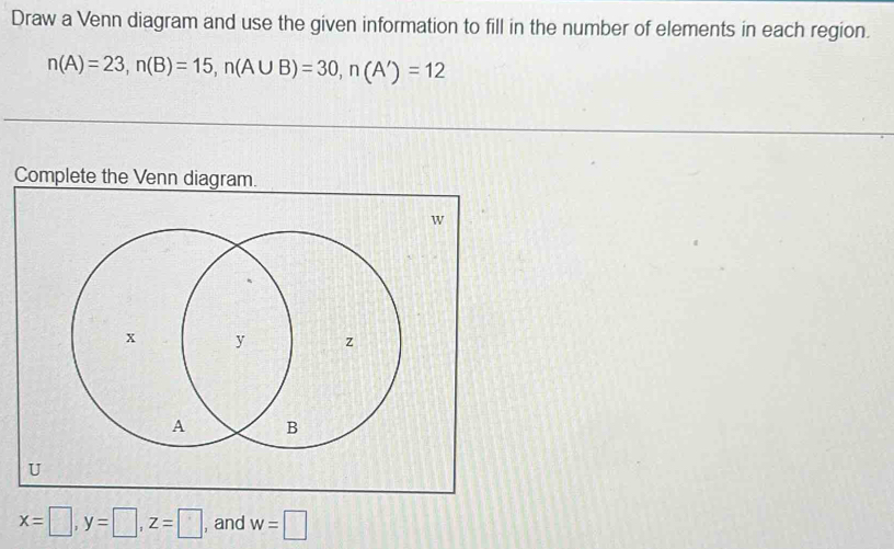 Draw a Venn diagram and use the given information to fill in the number of elements in each region.
n(A)=23, n(B)=15, n(A∪ B)=30, n(A')=12
Complete the Venn diagram.
w
U
x=□ , y=□ , z=□ , and w=□