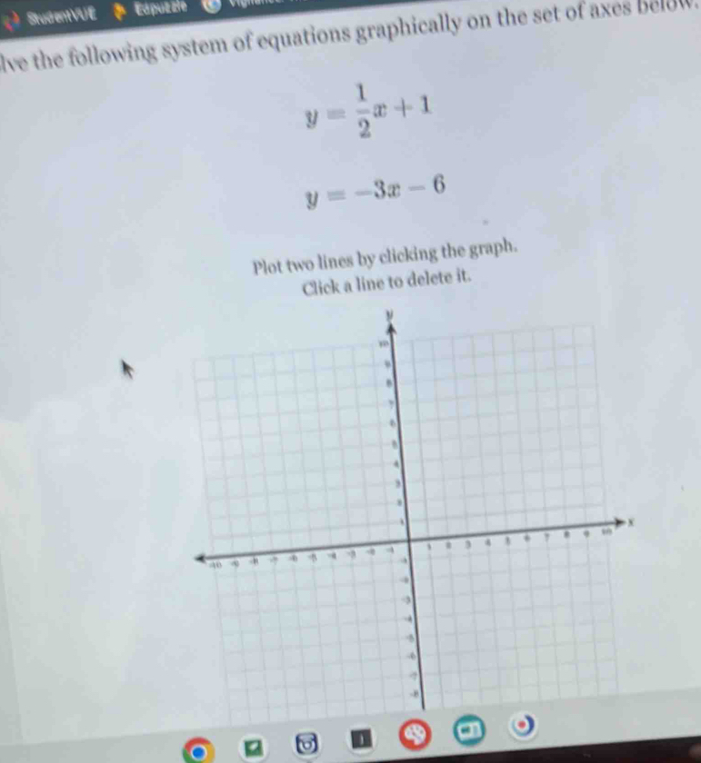 Stud entVUE Edpuz zie
lve the following system of equations graphically on the set of axes below .
y= 1/2 x+1
y=-3x-6
Plot two lines by clicking the graph.
Click a line to delete it.