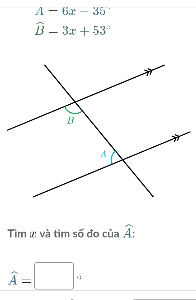 A=6x-35°
widehat B=3x+53°
Tìm x và tìm số đo của widehat A :
widehat A=□°