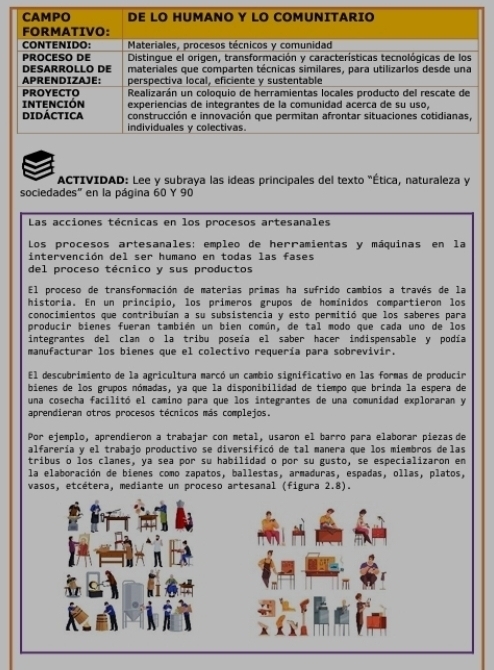 ACTIVIDAD: Lee y subraya las ideas principales del texto "Ética, naturaleza y 
sociedades" en la página 60 Y 90
Las acciones técnicas en los procesos artesanales 
Los procesos artesanales: empleo de herramientas y máquinas en la 
intervención del ser humano en todas las fases 
del proceso técnico y sus productos 
El proceso de transformación de materias primas ha sufrido cambios a través de la 
historia. En un principio, los primeros grupos de homínidos compartieron los 
conocimientos que contribuían a su subsistencia y esto permitió que los saberes para 
producir bienes fueran también un bien común, de tal modo que cada uno de los 
integrantes del clan o la tribu poseía el saber hacer indispensable y podía 
manufacturar los bienes que el colectivo requería para sobrevivir. 
El descubrimiento de la agricultura marcó un cambio significativo en las formas de producir 
bienes de los grupos nómadas, ya que la disponibilidad de tiempo que brinda la espera de 
una cosecha facilitó el camino para que los integrantes de una comunidad exploraran y 
aprendieran otros procesos técnicos más complejos. 
Por ejemplo, aprendieron a trabajar con metal, usaron el barro para elaborar piezas de 
alfarería y el trabajo productivo se diversificó de tal manera que los miembros de las 
tribus o los clanes, ya sea por su habilidad o por su gusto, se especializaron en 
la elaboración de bienes como zapatos, ballestas, armaduras, espadas, ollas, platos, 
vasos, etcétera, mediante un proceso artesanal (figura 2.8).