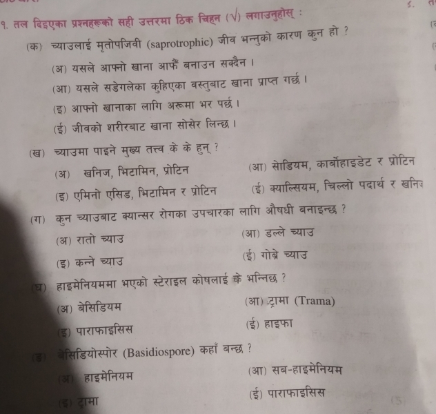 a 
१. तल दिइएका प्रश्नहरूको सही उत्तरमा ठिक
क) च 
लाई मृतोपिजवी (saprotrophic) व भन्न्को कार ण कन हो :
(अ) यसले आफ्नो खाना आप
गाउन सक्वदैन ।
(आ) य डेगलेका कहिएका वस्त्बाट खाना । गप ग
(इ) आफ्नो खानाका लागि अरूमा भा
(ई) जीवको शरीरबाट खाना सोसेर लिन 
(ख) च्याउमा पाइने मुख्य तत्त्व के के हन् ?
(ऑ) खनिज, भिटामिन, प्रोटिन आT)
a
(इ) एमिनो एसिड, भिटामिन र प्रोटिन स्याल्सियम, चिल्लो पदार्थ र खनिज
गि औषधी बनाइन्छ ?
(ग) कुन च्याउबाट क्यान्सर रोगका उपचारका लारि
(अ) रातो च्याउ (आ) डल्ले च्याउ
(इ) कन्ने च्याउ (ई) गोब्रे च्याउ
(घ) हाइमेनियममा भएको स्टेराइल कोषलाई के भन्निछ ?
(अ) बेसिडियम
(आ) ट्रामा (Trama)
(इ) पाराफाइसिस (ई) हाइफा
(ड) वेसिडियोस्पोर (Basidiospore) कहाँ बन्छ ?
(ऑ) हाइमेनियम (आ) सब-हाइमेनियम
(इ) ट्ामा (ई) पाराफाइसिस