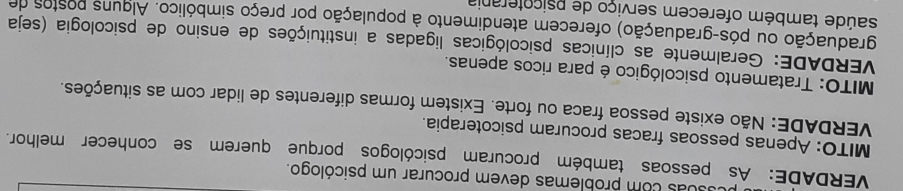 cosuas com problemas devem procurar um psicólogo. 
VERDADE: As pessoas também procuram psicólogos porque querem se conhecer melhor. 
MITO: Apenas pessoas fracas procuram psicoterapia. 
VERDADE: Não existe pessoa fraca ou forte. Existem formas diferentes de lidar com as situações. 
MITO: Tratamento psicológico é para ricos apenas. 
VERDADE: Geralmente as clínicas psicológicas ligadas a instituições de ensino de psicologia (seja 
graduação ou pós-graduação) oferecem atendimento à população por preço simbólico. Alguns postos de 
saúde também oferecem serviço de psicoterania