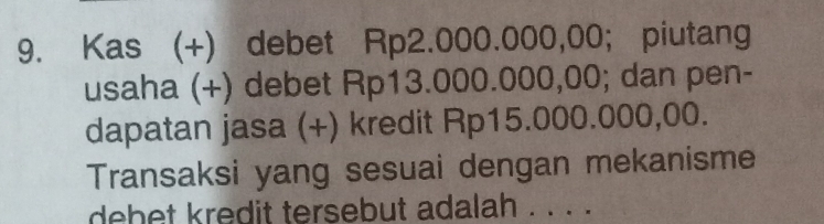 Kas (+) debet Rp2.000.000,00; piutang 
usaha (+) debet Rp13.000.000,00; dan pen- 
dapatan jasa (+) kredit Rp15.000.000,00. 
Transaksi yang sesuai dengan mekanisme 
debet kredit tersebut adalah . . . .