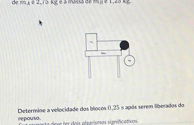 de mA é 2,75 kg é a massa de m ² é 1,25 kg. 
Determine a velocidade dos blocos 0,25 s após serem liberados do 
repouso. 
posta deve ter dois algarismos significativos.