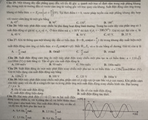 Căn 25: Một khung dây dẫn phẳng quay đều với tốc độ gốc 5 quanh một trực có định năm trong một phẳng khung
dây, trong một từ trường đều có vecto cảm ứng từ vuỡng gốc với trạc quay của khung. Suất điện động căm ứng trong
khung có biểu thức varepsilon =E_0cos (omega t+ π /2 )(V) Tại thời điểm t=0 1, veokr pháp tuyển của mặt phẳng khung đây hợp
với vecto căm ứng sử một gốc bằng
A. 45°. 90°, C. 150°. D. 180°.
H.
Câu 26: Một máy phát điện xoay chiều ba pha đang hoạt động bình thường. Trong ba cuộn đây càa phân ứng có 3
suát điện động có giá trị e_1,e_2 và e_3 Ở thời điểm mã e_2=30V shì tich e_2x_3=-300(V^2) 1. Giá trị cục đại củn f_5
A. 40 V B. 50 V. C. 45 V. D. 35 V.
Cu 27: Khi từ thông qua một khung dây dẫn có tiểu thức Phi =Phi _0cos (π t+ π /2 ) thi trong khung dây xuất biện một
suất điện động căm ứng có biểu thức e=E_0cos (omega t+varphi ). Bict Phi _0.E_2 và ∞ là các hằng số dương. Giả trị của φ là
A. - a/2 nd B. Orad C.  π /2 rad D. end
Cầu 28: Suất điện động cám ứng đo một máy phát điện xoay chiều một pha tạo ra có biểu trúc: z=110sqrt(2)
cos1 00mt (V) (t tinh bằng s). Tần số gốc của suất điện động là B. 50 rad/s C. 50π rad/s D. 1 0Ox rad/s
A.1 00 rad 
Cầu 29: Suất điện động đo một máy phát điện xoay chiều một pha tạo ra có hiều thức e=120sqrt(2)cos 100π t(V).
Giả trị hiệu dụng của suất điện động này bằng
A. 120sqrt(2)V B. 100 V C. 120 V D. 100 V
Cầu 30: Một máy phát điện xoay chiều một pha, phần căm có p cặp cực ợp cực bắc và p cục sam). Khi phần cảm
của máy quay với sốc độ n vòng's thì tạo ra trong phần ứng một suất điệa động xoay chiều hình sin. Đại lượng
f=panth
A. chu ki của saất điện động, B. tận số cùn suất diện động
C. suất điện động hiệu dụng D. saắt điệ động từc thời.
Căm 31a Hai máy phác điện (1) và (2) tạo ra hai saất đi
dàng xoey chiàu C_1 * v à ny cứng tần số và biển thên đae
hời giaat nhu hình bên. Hai seất điện động này có tàa 
và độ lớm độ lịch phe làn hrợt là
A. 0.4Hz, 3/4 mol. B. 2.5Hz, π /2 rad.
C. 2,510, π /2 mol D 0.4Hz.frac zout