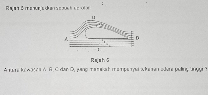 Rajah 6 menunjukkan sebuah aerofoil. 
Rajah 6 
Antara kawasan A, B, C dan D, yang manakah mempunyai tekanan udara paling tinggi ?