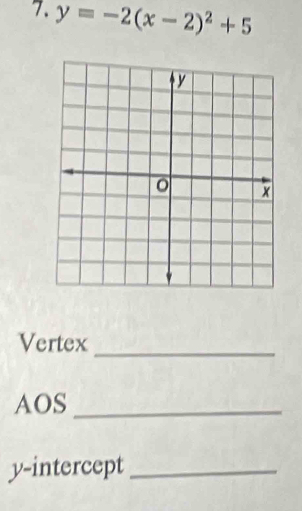 y=-2(x-2)^2+5
Vertex 
_ 
AOS_ 
y-intercept_