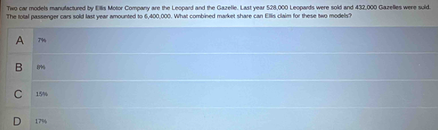 Two car models manufactured by Ellis Motor Company are the Leopard and the Gazelle. Last year 528,000 Leopards were sold and 432,000 Gazelles were suld.
The total passenger cars sold last year amounted to 6,400,000. What combined market share can Ellis claim for these two models?
A 7%
B 8%
C 15%
D 1796