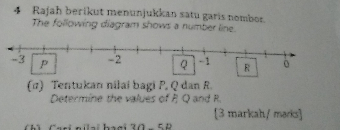 Rajah berikut menunjukkan satu garis nombor. 
The following diagram shows a number line. 
(α) Tentukan nilaí bagi P, Q dan R. 
Determine the values of F, Q and R. 
[3 markah/ marks]
30-58