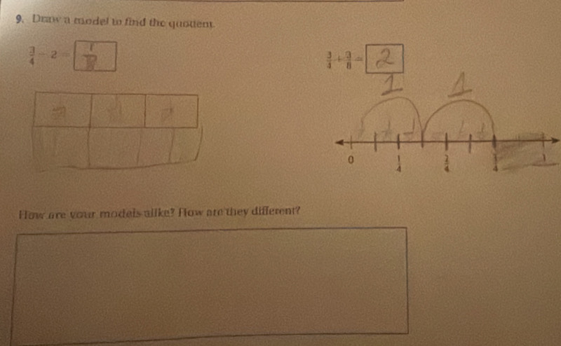 Draw a model to find the quotient.
 3/4 -2=□
How are your models alike? How are they different?