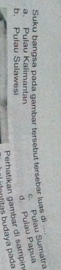 Suku bangsa pada gambar tersebut tersebar luas di _
c. Pulau Sumatra
a. Pulau Kalimantan
d. Pulau Papua
b. Pulau Sulawesi
Perhatikan gambar di sampin
identitas budaya pada