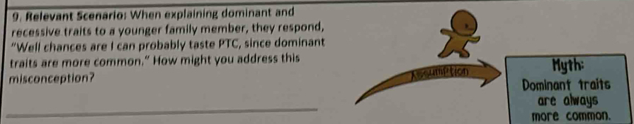 Relevant Scenario: When explaining dominant and 
recessive traits to a younger family member, they respond, 
“Well chances are I can probably taste PTC, since dominant 
traits are more common.” How might you address this 
misconception? 
more common.