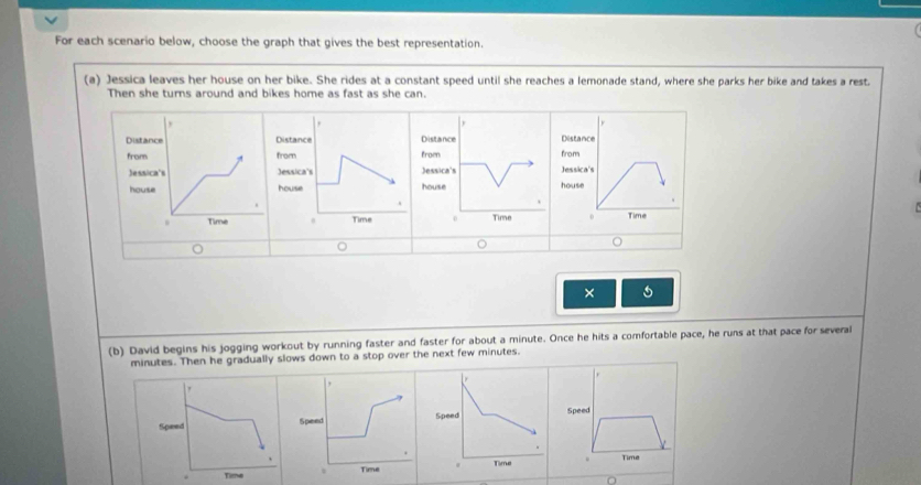 For each scenario below, choose the graph that gives the best representation. 
(a) Jessica leaves her house on her bike. She rides at a constant speed until she reaches a lemonade stand, where she parks her bike and takes a rest. 
Then she turns around and bikes home as fast as she can. 
Dis Distance from 
froe 
Jes Jessica's 
hou house 
0 Time 
。 
× 
(b) David begins his jogging workout by running faster and faster for about a minute. Once he hits a comfortable pace, he runs at that pace for several
minutes. Then he gradually slows down to a stop over the next few minutes.