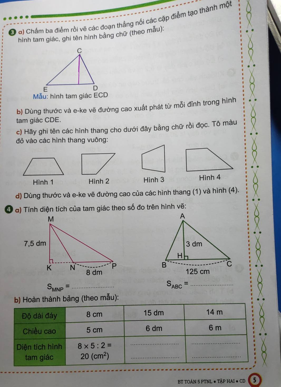 Ở a) Chấm ba điểm rồi vẽ các đoạn thẳng nối các cặp điểm tạo thành một
hình tam giác, ghi tên hình bằng chữ (theo mẫu):
Mẫu: hình tam giác ECD
b) Dùng thước và e-ke vẽ đường cao xuất phát từ mỗi đỉnh trong hình
tam giác CDE.
c) Hãy ghi tên các hình thang cho dưới đây bằng chữ rồi đọc. Tô màu
đỏ vào các hình thang vuông:
Hình 1 Hình 2 Hình 3 Hình 4
d) Dùng thước và e-ke vẽ đường cao của các hình thang (1) và hình (4).
4) (  a) Tính diện tích của tam giác theo số đo trên hình vẽ:
A
3 dm
H
B
C
125 cm
_ S_MNP=
_ S_ABC=
b) Hoàn thành bảng (theo mẫu):
BT TOÁN 5 PTNL ● TẬP HAI ● CD 5