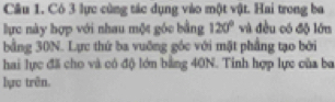 Cầu 1. Có 3 lực cùng tác dụng vào một vật. Hai trong ba 
lực này hợp với nhau một góc bằng 120° và đều có độ lớn 
bằng 30N. Lực thứ ba vuỡng góc với mặt phầng tạo bởi 
hai lực đã cho và có độ lớn bằng 40N. Tinh hợp lực của ba 
lực trên.