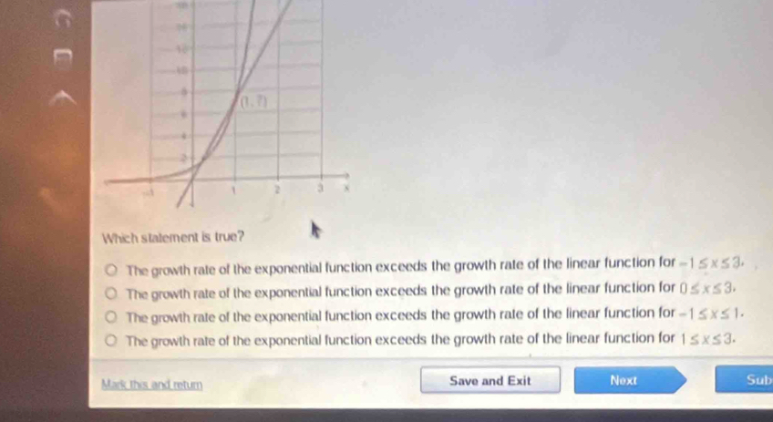 Which statement is true?
The growth rate of the exponential function exceeds the growth rate of the linear function for -1≤ x≤ 3.
The growth rate of the exponential function exceeds the growth rate of the linear function for 0≤ x≤ 3.
The growth rate of the exponential function exceeds the growth rate of the linear function for -1≤ x≤ 1.
The growth rate of the exponential function exceeds the growth rate of the linear function for 1≤ x≤ 3.
Mark this and return Save and Exit Next Sub