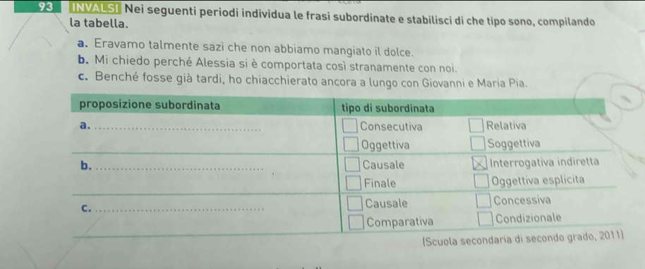 INVALS) Nei seguenti periodi individua le frasi subordinate e stabilisci di che tipo sono, compilando 
la tabella. 
a. Eravamo talmente sazi che non abbiamo mangiato il dolce. 
b. Mi chiedo perché Alessia si è comportata così stranamente con noi. 
c. Benché fosse già tardi, ho chiacchierato ancora a lungo con Giovanni e Maria Pia.