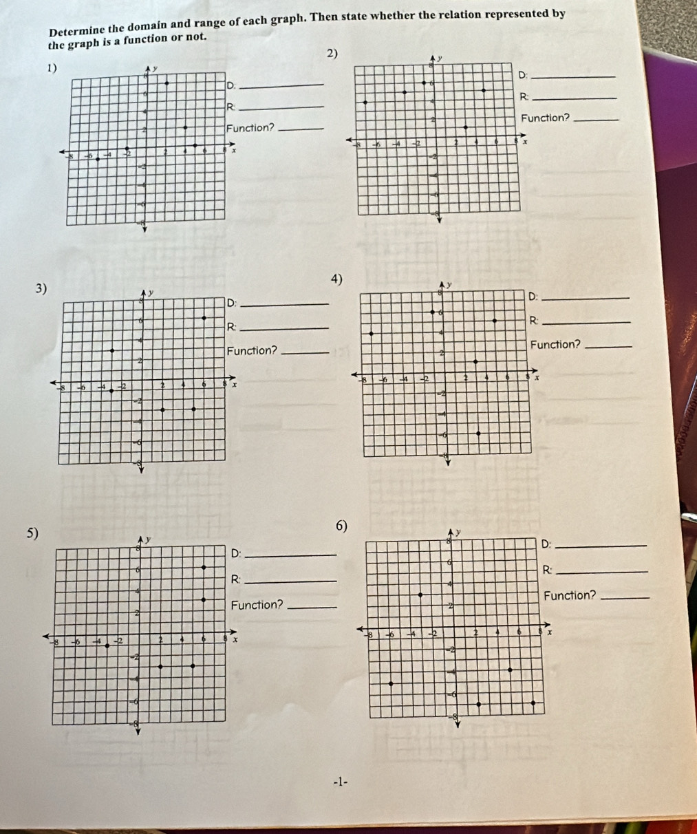 Determine the domain and range of each graph. Then state whether the relation represented by 
the graph is a function or not. 
2) 
1 
_ 
_ 
nction?_ 
ction?_ 

4) 
3 
_ 
_ 
_ 
ction?_ 
ction?_ 

a 
5) 
6) 
_ 
_ 
_ 
ction?_ 
nction?_ 

-1-