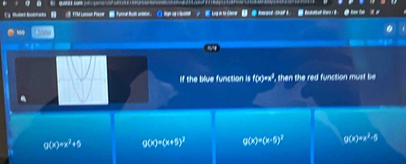 Eg Shaerd Bootmarks ) 19bd Lassoon Preyer ■ Funnal Rush unatos. C tagn up i Guated y # Lag in to Eoar
100 hom
If the blue function is f(x)=x^3 ', then the red function must be
g(x)=x^2+5 g(x)=(x+5)^2 g(x)=(x-6)^2 g(x)=x^2-5