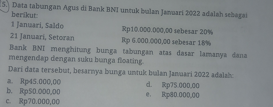 5.] Data tabungan Agus di Bank BNI untuk bulan Januari 2022 adalah sebagai
berikut:
1 Januari, Saldo Rp10.000.000,00 sebesar 20%
21 Januari, Setoran Rp 6.000.000,00 sebesar 18%
Bank BNI menghitung bunga tabungan atas dasar lamanya dana
mengendap dengan suku bunga floating.
Dari data tersebut, besarnya bunga untuk bulan Januari 2022 adalah:
a. Rp45.000,00 d. Rp75.000,00
b. Rp50.000,00 e. Rp80.000,00
c. Rp70.000,00