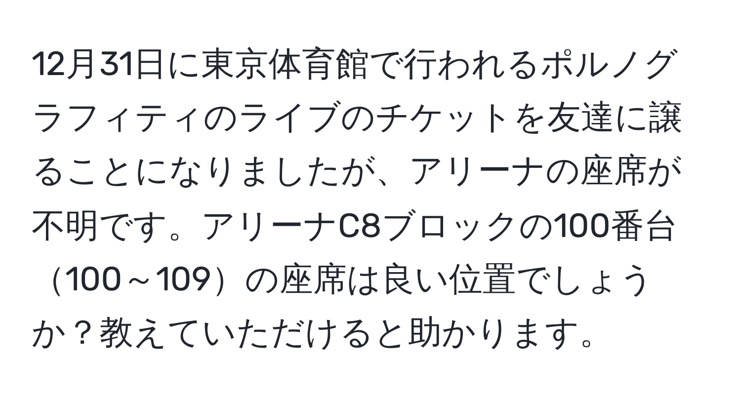 12月31日に東京体育館で行われるポルノグラフィティのライブのチケットを友達に譲ることになりましたが、アリーナの座席が不明です。アリーナC8ブロックの100番台100～109の座席は良い位置でしょうか？教えていただけると助かります。