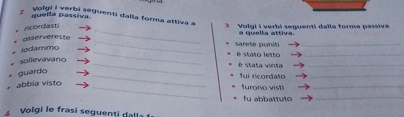 quella passiva. 
2 Volgi i verbi seguenti dalla forma attiva a 
ricordasti 3 Volgi i verbi seguenti dalla forma passiva 
a quella attiva. 
osservereste 
_ 
sarete puniti_ 
lodammo 
_ 
è stato letto_ 
. sollevavano 
_ 
_é stata vinta_ 
guardo 
_fui ricordato_ 
abbia visto 
_furono visti_ 
fu abbattuto 
_ 
4 Volgi le frasi seguenti dall