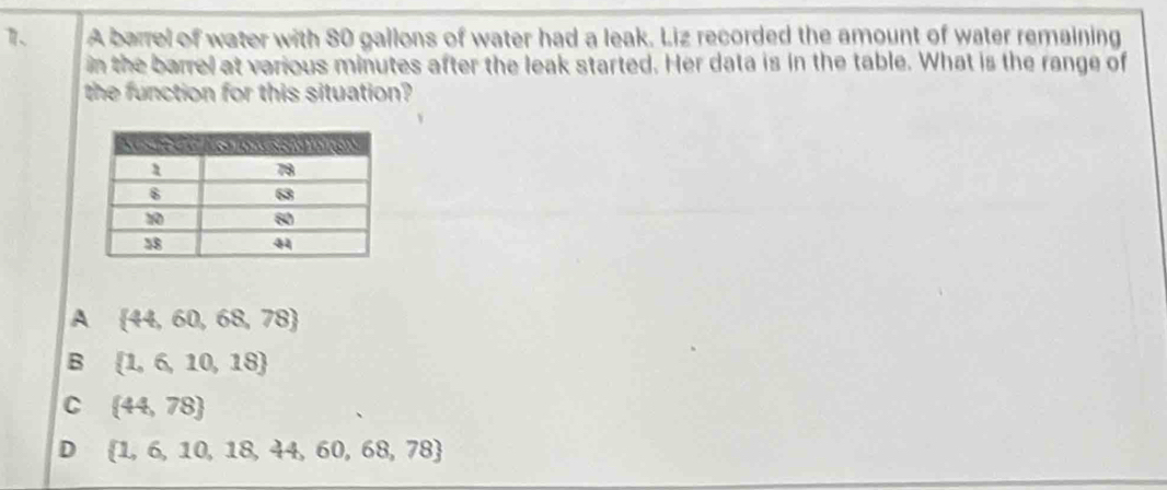 A barrel of water with 80 gallons of water had a leak. Liz recorded the amount of water remaining
in the barrel at various minutes after the leak started. Her data is in the table. What is the range of
the function for this situation?
A  44,60,68,78
B  1,6,10,18
C  44,78
D  1,6,10,18,44,60,68,78