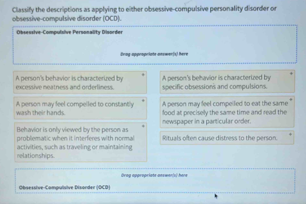 Solved: Classify the descriptions as applying to either obsessive ...