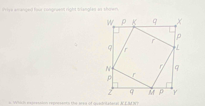 Priya arranged four congruent right triangles as shown. 
a. Which expression represents the area of quadrilateral KLMN?