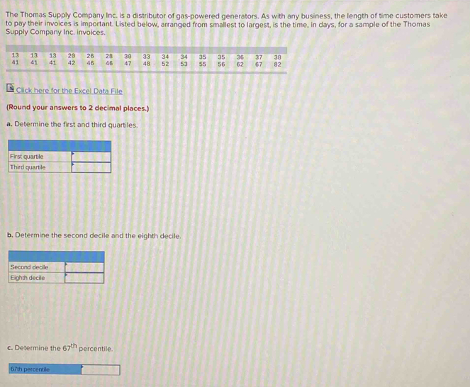 The Thomas Supply Company Inc. is a distributor of gas-powered generators. As with any business, the length of time customers take 
to pay their invoices is important. Listed below, arranged from smallest to largest, is the time, in days, for a sample of the Thomas 
Supply Company Inc. invoices.
13 13 13 20 26 28 30 33 34 34 35 35 36 37 38
41 41 41 42 46 46 47 48 52 53 55 56 62 67 82
Click here for the Excel Data File 
(Round your answers to 2 decimal places.) 
a. Determine the first and third quartiles. 
b, Determine the second decile and the eighth decile. 
Second decile 
Eighth decile 
c. Determine the 67^(th) percentile.
67th percentile