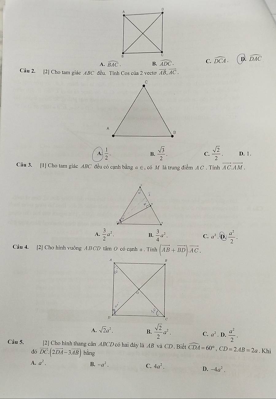 A. widehat BAC. B. widehat ADC. C. widehat DCA. D. widehat DAC
Câu 2. [2] Cho tam giác ABC đều. Tính Cos của 2 vectơ vector AB,vector AC.
A.  1/2 .  sqrt(3)/2 . C.  sqrt(2)/2 . D. 1 .
B.
Câu 3. [1] Cho tam giác ABC đều có cạnh bằng α ∈, có M là trung điểm A C . Tính vector AC.vector AM.
A.  3/2 a^2.  3/4 a^2. C. a^2· 0, a^2/2 .
B.
Câu 4. [2] Cho hình vuông ABCD tâm O có cạnh a . Tính (vector AB+vector BD).vector AC.
A. sqrt(2)a^2.
B.  sqrt(2)/2 a^2. C. a^2. D.  a^2/2 .
Câu 5. [2] Cho hình thang cân ABCD có hai đáy là AB và CD . Biết widehat CDA=60°,CD=2AB=2a. Khi 
đó vector DC.(2vector DA-3vector AB) bằng
A. a^2.
B. -a^2.
C. 4a^2.
D. -4a^2.