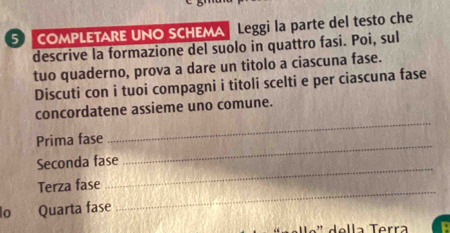 COMPLETARE UNO SCHEMA Leggi la parte del testo che 
descrive la formazione del suolo in quattro fasi. Poi, sul 
tuo quaderno, prova a dare un titolo a ciascuna fase. 
Discuti con i tuoi compagni i titoli scelti e per ciascuna fase 
concordatene assieme uno comune. 
_ 
Prima fase 
_ 
Seconda fase 
_ 
Terza fase 
_ 
o Quarta fase