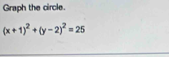 Graph the circle.
(x+1)^2+(y-2)^2=25