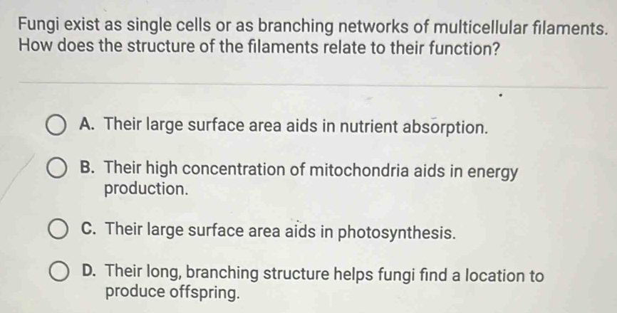 Fungi exist as single cells or as branching networks of multicellular filaments.
How does the structure of the filaments relate to their function?
A. Their large surface area aids in nutrient absorption.
B. Their high concentration of mitochondria aids in energy
production.
C. Their large surface area aids in photosynthesis.
D. Their long, branching structure helps fungi find a location to
produce offspring.