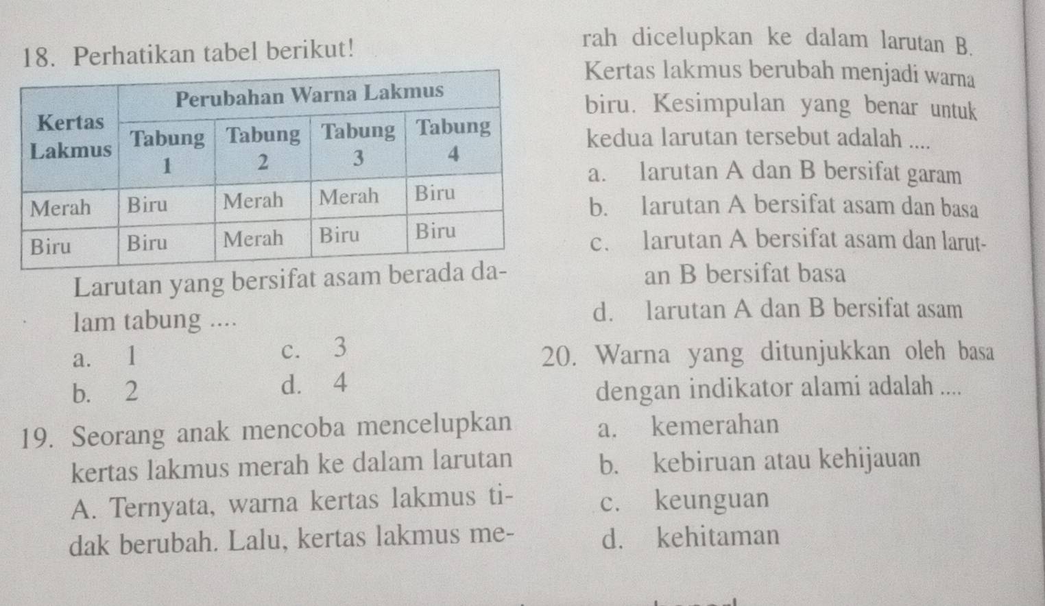 rah dicelupkan ke dalam larutan B.
18. Perhatikan tabel berikut! Kertas lakmus berubah menjadi warna
biru. Kesimpulan yang benar untuk
kedua larutan tersebut adalah ....
a. larutan A dan B bersifat garam
b. larutan A bersifat asam dan basa
c. larutan A bersifat asam dan larut-
Larutan yang bersifat a an B bersifat basa
lam tabung .... d. larutan A dan B bersifat asam
a. 1 c. 3
20. Warna yang ditunjukkan oleh basa
b. 2 d. 4
dengan indikator alami adalah ....
19. Seorang anak mencoba mencelupkan a. kemerahan
kertas lakmus merah ke dalam larutan b. kebiruan atau kehijauan
A. Ternyata, warna kertas lakmus ti- c. keunguan
dak berubah. Lalu, kertas lakmus me- d. kehitaman