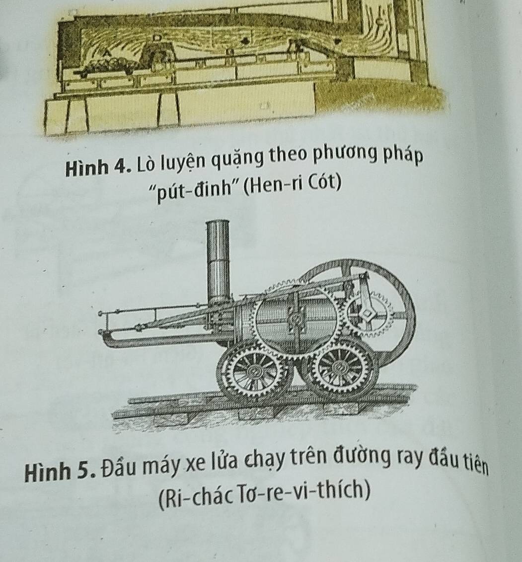 Hình 4. Lò luyện quặng theopháp 
'pút-đinh'' (Hen-ri Cót) 
Hình 5. Đầu máy xe lửa chạy trên đường ray đầu tiên 
(Ri-chác Tơ-re-vi-thích)