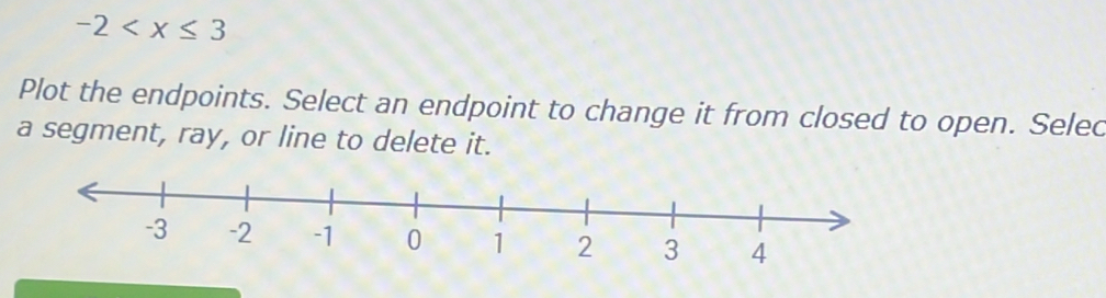 -2
Plot the endpoints. Select an endpoint to change it from closed to open. Selec 
a segment, ray, or line to delete it.