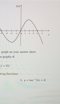 graph on your answer sheet.
e graphs of
(x+10)
wing functions
b. y=tan^(-1)(3x+4)